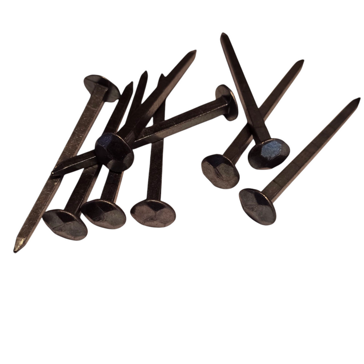 Zehn handgeschmiedete Nägel mit gehämmertem Kopf auf weißem Hintergrund.“