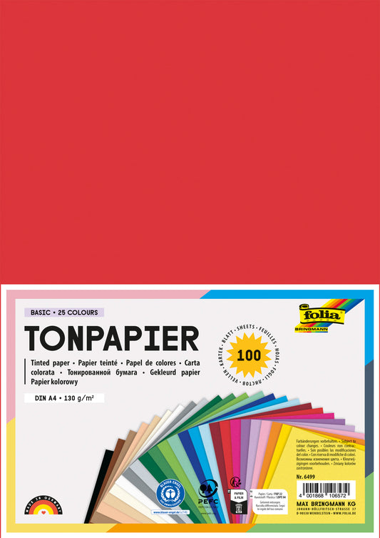 Tonpapier-Mix DIN A4 – 100 Blatt in 25 Farben, 130 g/m² – Bastelpapier zum Schneiden, Kleben & Gestalten