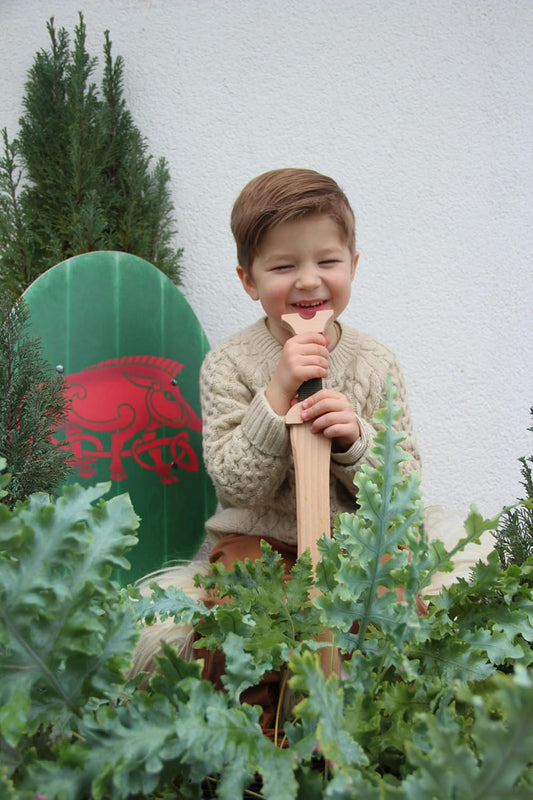 achender Junge mit hellbraunem Strickpullover sitzt zwischen grünen Pflanzen, hält ein Holzschwert in der Hand; im Hintergrund ein grüner Schild mit rotem Wildschweinmotiv, aufgestellt vor einer weißen Wand.