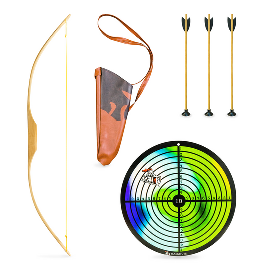 Kinderbogenset Kinderbogen aus Holz Eschebogen 120 cm,100cm oder 90cm mit Köcher, 3 Pfeile mit Saugnapf und Zielscheibe, Bogenschießen Bunt