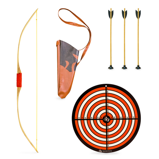 Kinderbogenset enthält Kinderbogen aus Holz 120 cm,90cm oder 70cm mit Köcher, 3 Pfeile mit Saugnapf und Zielscheibe, ab 3 Jahren Classic