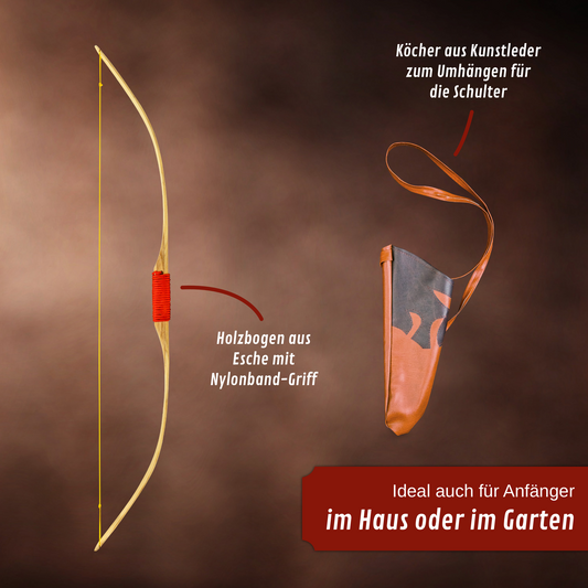 Kinderbogenset enthält Kinderbogen aus Holz 120 cm,90cm oder 70cm mit Köcher, 3 Pfeile mit Saugnapf und Zielscheibe, ab 3 Jahren