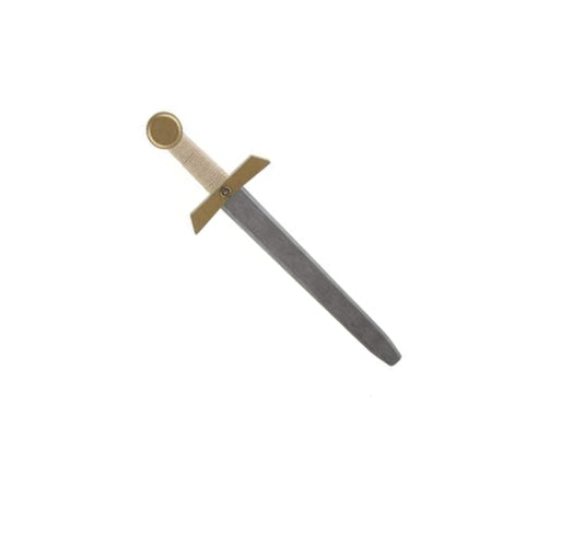 Holzschwert mit dunkler Klinge, beigem Griff und goldfarbener Parierstange, freigestellt auf weißem Hintergrund.