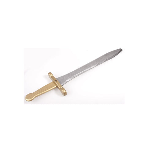 Holzschwert mit silberfarbener Klinge und goldenem Griff, freigestellt auf weißem Hintergrund.