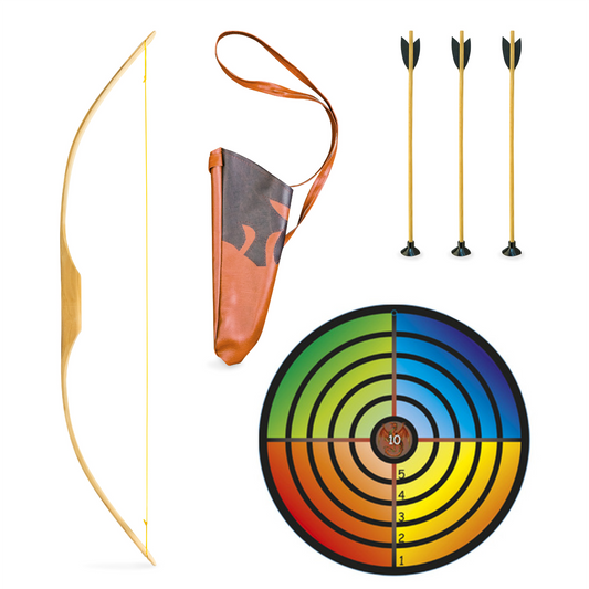 Kinderbogenset Kinderbogen aus Holz Eschebogen 120 cm, 100cm oder 90cm mit Köcher, 3 Pfeile mit Saugnapf und Zielscheibe, Bogenschießen Bunt