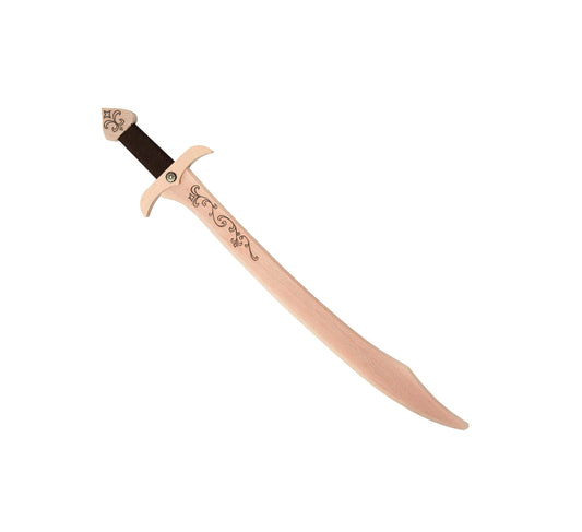 Geschwungenes Holzschwert mit naturbelassener Klinge, braunem Griff, gebogener Parierstange und orientalisch verziertem Griffende sowie floraler Gravur entlang der Klinge.