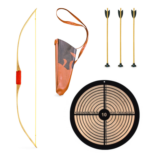 Kinderbogenset enthält Kinderbogen aus Holz 120 cm,90cm oder 70cm mit Köcher, 3 Pfeile mit Saugnapf und Zielscheibe, ab 3 Jahren Rund