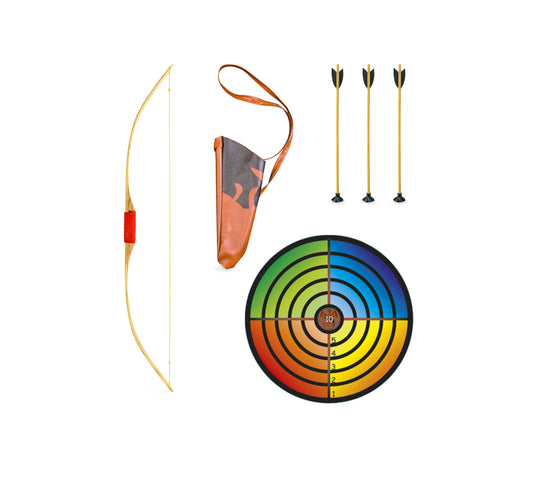 Kinderbogenset enthält Kinderbogen aus Holz 120 cm,90cm oder 70cm mit Köcher, 3 Pfeile mit Saugnapf und Zielscheibe, ab 3 Jahren Bunt