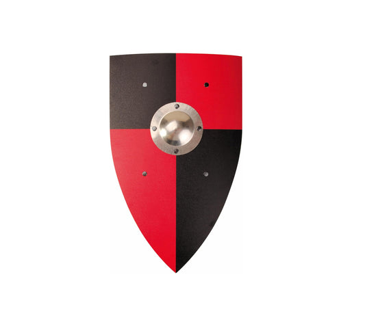 Tropfenförmiger Schild mit rot-schwarzem Viertelmuster und zentralem Metallschildbuckel, vor weißem Hintergrund.