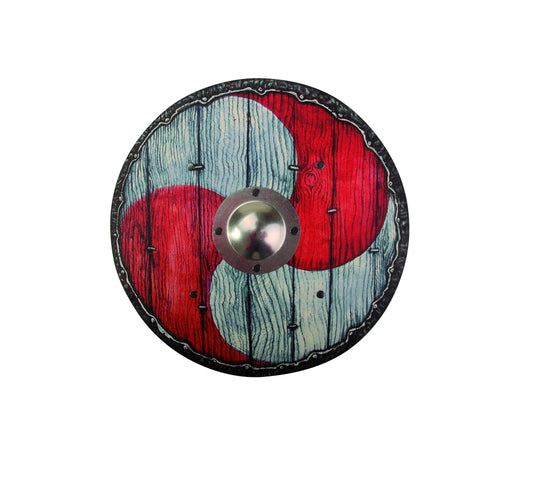 Rundschild mit rot-weißem Wellenmuster, sichtbarer Holzstruktur, schwarzen Ziernägeln am Rand und einem zentralen Metallschildbuckel, vor weißem Hintergrund.