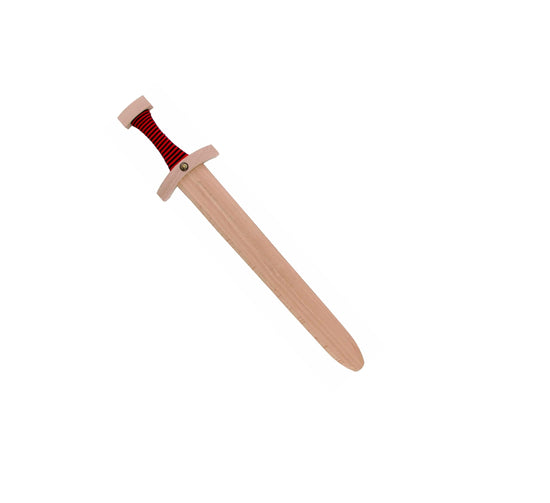 Holzschwert mit naturfarbener Klinge und rot-schwarz umwickeltem Griff, vor weißem Hintergrund.