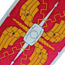 Scutum Alexius Stabiles, gebogenes Holz-Römer-Schild für den Legionär, Farbe: rot-Gold-grau