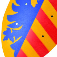 Stabiles, gebogenes Ritter Schild - Motiv: Lancelot - Material: Pappelholz - Abmessungen 36/50cm - Farbe: blau-gelb [Unbedenkliche Farben | Genietete Halteriemen aus Kunstleder
