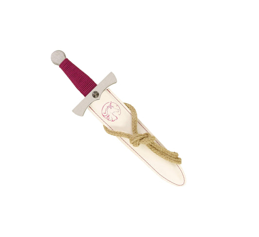 Holzspielzeug-Schwert mit pink umwickeltem Griff in weißer Lederscheide mit rosa Einhornmotiv und beiger Tragekordel.