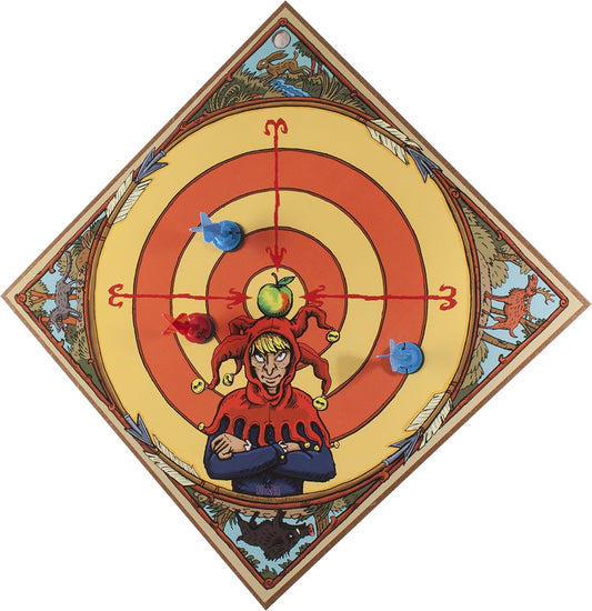 Quadratische Zielscheibe mit konzentrischen Kreisen und einem Narr in der Mitte, der eine rote Kappe mit Glöckchen trägt und einen Apfel auf dem Kopf hat; rundherum sind Tierillustrationen zu sehen, drei Saugnapfpfeile stecken auf der Zielscheibe.
