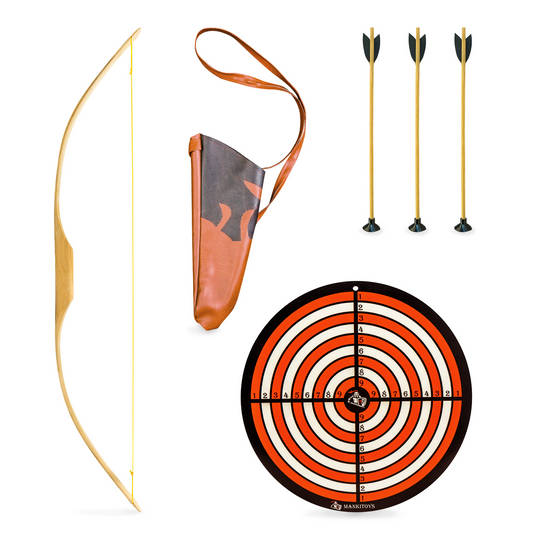 Kinderbogenset Kinderbogen aus Holz Eschebogen 120 cm,100cm oder 90cm mit Köcher, 3 Pfeile mit Saugnapf und Zielscheibe, Bogenschießen Classic