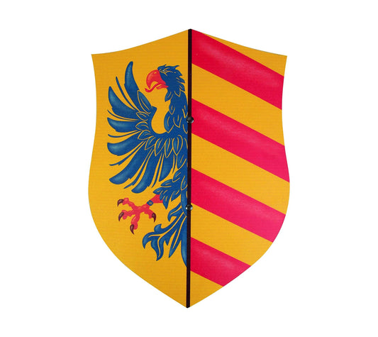 Stabiles, gebogenes Ritter Schild - Motiv: Lancelot - Material: Pappelholz - Abmessungen 36/50cm - Farbe: blau-gelb [Unbedenkliche Farben | Genietete Halteriemen aus Kunstleder