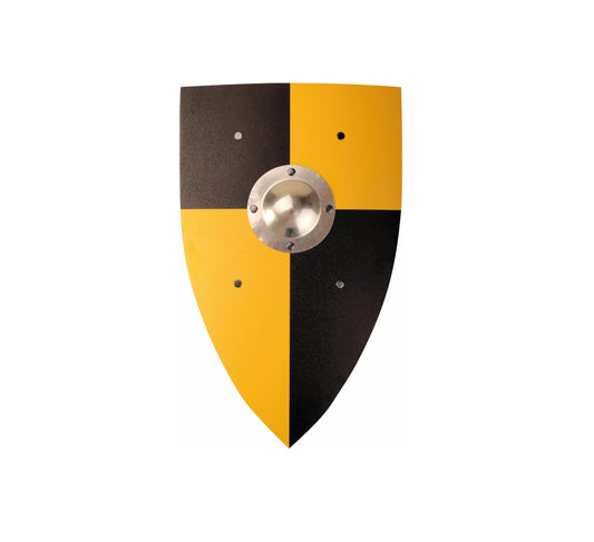 Tropfenförmiger Spielzeugschild mit schwarz-gelber Viertelung und silbernem Mittelschildbuckel. Farben diagonal versetzt.